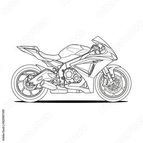 Detailed Line Art Drawing of a Modern Sport Motorcycle.