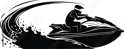 Black silhouette of person riding jet ski on water jet ski, watercraft, water sport, recreation, silhouette, black and white, action, speed, dynamic, wave, splash, water, ocean, sea, lake, summer, vac