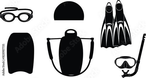 Black silhouette swimming gear on white background swimming goggles, swim cap, kickboard, pull buoy, swim fins, snorkel mask, scuba mask, diving mask, swimming equipment, water sports, pool accessorie