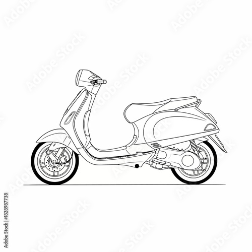 Detailed Line Art Illustration of a Classic Scooter Side View.