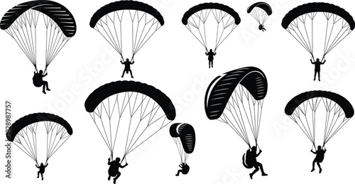 Black silhouettes of paragliders descending against white background paragliding, parachute, skydiving, extreme sport, adventure, silhouette, black and white, descent, falling, flying, airborne, activ