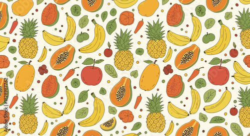 Colorful seamless pattern of healthy and fresh tropical fruits including pineapple banana papaya and apple in a fun doodle style.