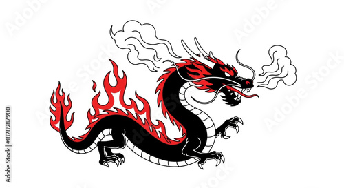 Fierce Black and Red Dragon with Flames and Smoke.