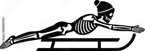 Black skeleton wearing hat on sled winter sport skeleton, sled, winter, sport, activity, black and white, silhouette, bone, anatomy, human skeleton, racing, speed, winter sports, bobsled, toboggan, wi