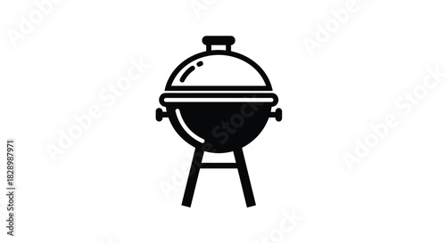Simple black and white vector icon of a classic kettle barbecue grill with a lid perfect for picnic and cooking logos.