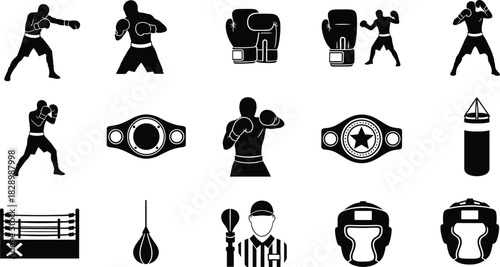 Boxing icons including fighters gloves belts ring and referee boxing, fighter, boxer, gloves, boxing gloves, belt, championship belt, boxing ring, referee, speed bag, punching bag, headgear, silhouett