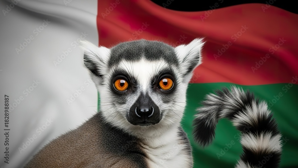 Obraz premium Ring-tailed Lemur Portrait with the Flag of Madagascar in the Background, National Symbol.