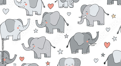 Sweet seamless nursery pattern featuring cute grey cartoon elephants walking among small pink and grey hearts and stars.