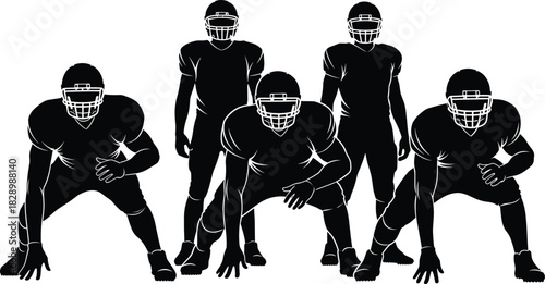 Five black silhouette American football players in various stances american football, football players, silhouette, black and white, team, sport, athletes, uniform, helmet, stance, ready, offensive li
