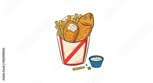 Quirky cartoon illustration of fish and chips served in a bucket with a side of dipping sauce on a white background.