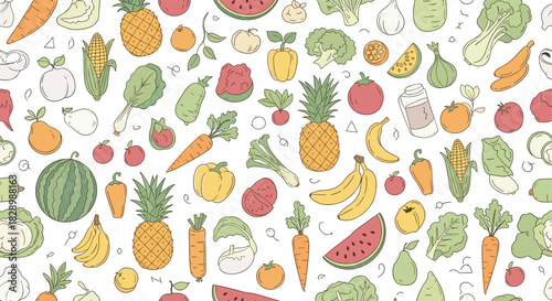 Healthy eating seamless pattern with a variety of colorful hand-drawn fruits and vegetables on a clean white background.