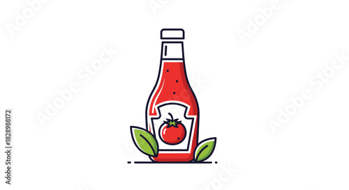 Simple and modern line art icon of a glass ketchup bottle with a tomato label and green leaves on a white background.