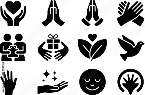 Collection of symbolic icons expressing love care support and spirituality