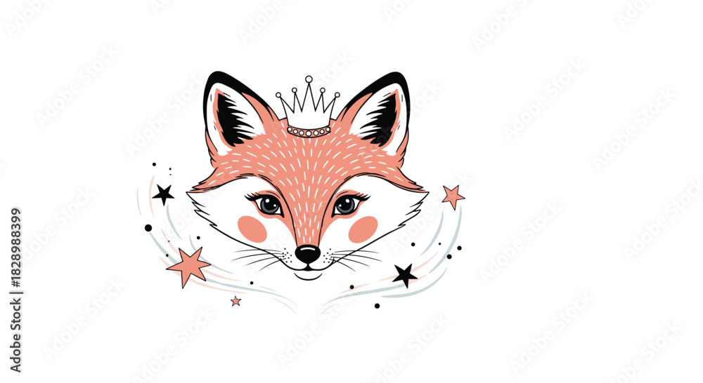 Fototapeta premium An adorable and magical illustration of a cute fox princess face wearing a crown surrounded by sparkling stars for kids.