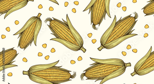 A detailed vintage seamless pattern of hand-drawn corn on the cob with loose kernels on a light background for harvest.
