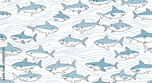 A playful seamless ocean pattern featuring many cute cartoon sharks swimming among blue waves on a white background for kids.