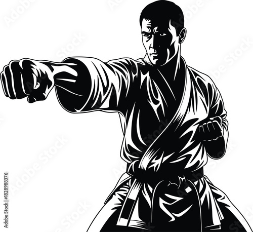 Man in martial arts gi throwing a punch karate fighter karate, martial arts, fighter, combat, sport, action, punch, fist, gi, uniform, belt, black and white, illustration, graphic, dynamic, strong, de
