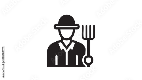 Clean vector icon of a farmer or agricultural worker wearing a hat and holding a pitchfork, symbolizing rural industry, cultivation, and food production tasks
