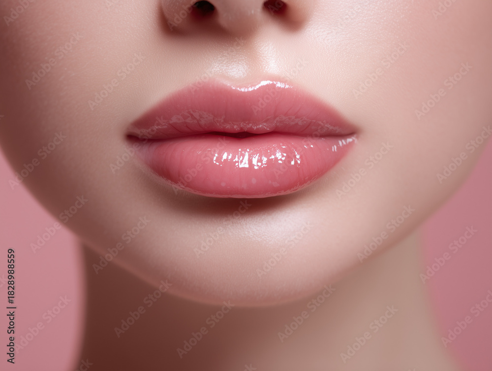 Obraz premium Close-up of lips, front-view portrait, woman with glossy light pink lip gloss