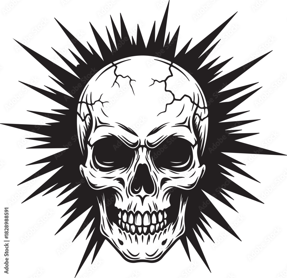 Fototapeta premium Skull with radiating lines around it over transparent background in black and white tone