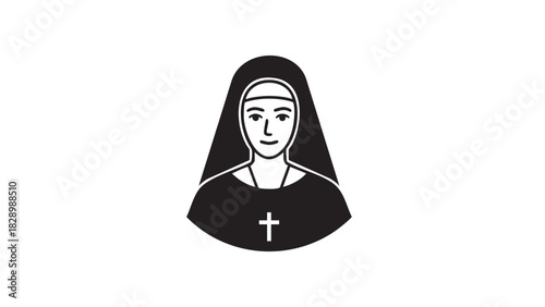 Stylized graphic illustration depicting a religious woman in a traditional habit, representing deep faith, spiritual devotion, and community service within a cultural or ecclesiastical context