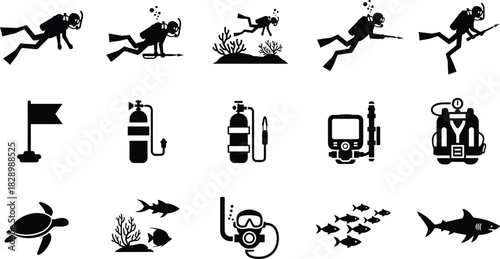 Scuba diving equipment and underwater life icons scuba diver scuba diver, snorkel, mask, fins, speargun, diving tank, flag, turtle, coral, fish, shark, underwater, ocean, sea, diving, equipment, gear,