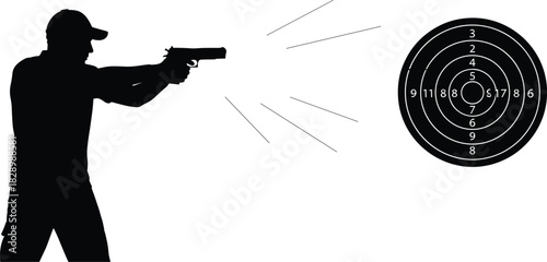 Silhouette man firing handgun at circular target pistol silhouette, man, firing, handgun, pistol, gun, shooting, target, shooting range, sport, competition, aim, precision, accuracy, danger, weapon, b