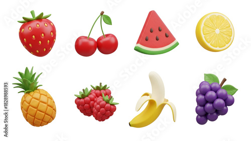 A colorful assortment of 3d rendered fruits isolated on transparent background, perfect for summer themes