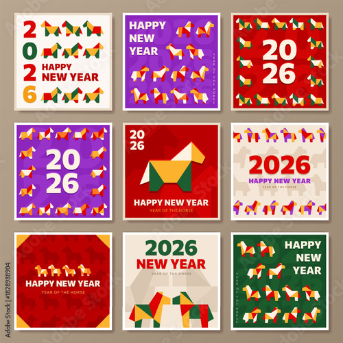 2026 Chinese New Year colorful greeting cards pack with bold typography and origami geometric horses in blocks. Flat minimal paper cut posters, banner with cartoon equine for Christmas and CNY holiday