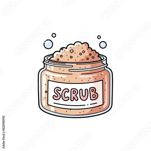 Jar of exfoliating scrub with grains and bubbles on white background  