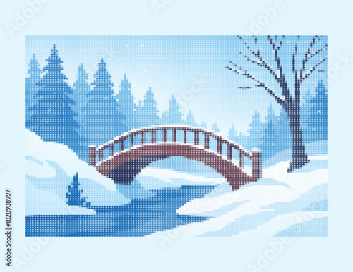 Halftone Snowy Bridge: Serene Winter Forest Landscape in Dot Matrix Style, Featuring Symbolic Crossing and Layered Depth for Peaceful Nature, Retro Pixel Art, and Digital Design.