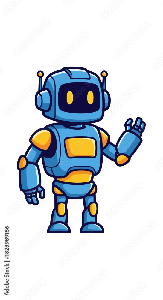 Obraz premium Friendly Blue Robot Waving Hello with Yellow Accents.