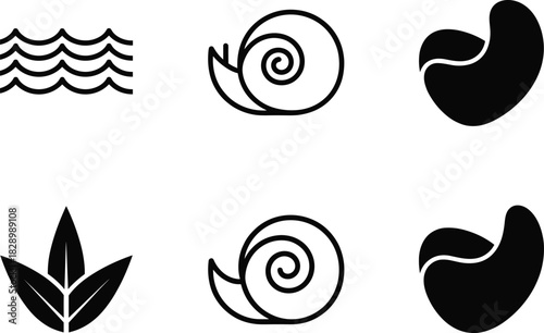 Vector Icon Set of Nature, Water Waves, Snail Shell, Leaves, and Abstract Seed Shapes
