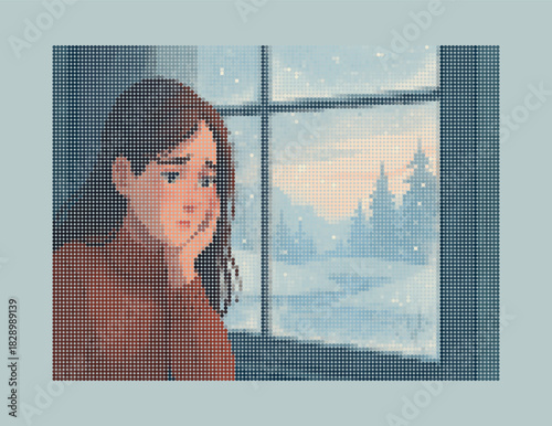 Halftone Melancholy: Introspective Woman Gazing at Frosted Winter Window in Dot Matrix Style, Perfect for Retro Pixel Art, Mood Graphics, and Digital Design.