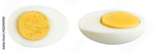 Boiled chicken egg isolated on white background. Top view. Flat lay
