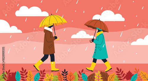 Autumn rainy day illustration of two people walking with umbrellas, fall season landscape, colorful leaves, flat vector weather scene