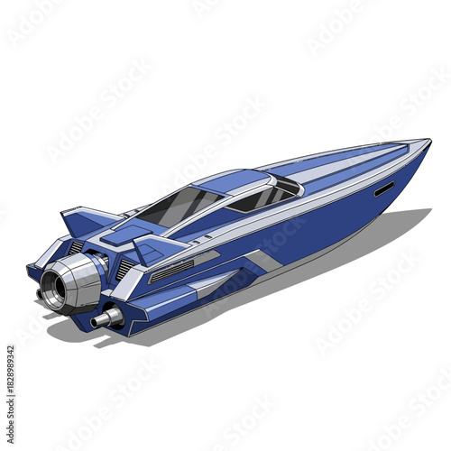 Futuristic blue and white speedboat with sleek design and powerful engine.