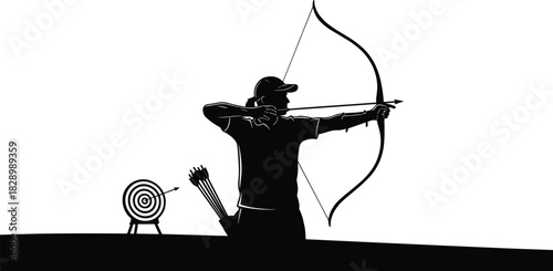 Silhouette of archer aiming bow and arrow at target archery, silhouette, archer, bow, arrow, target, sport, aiming, focus, precision, skill, competition, outdoor, activity, recreation, black and white