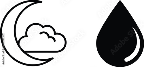 Crescent Moon, Cloud, and Water Drop Vector Icons, Weather, Night Mode, and Liquid Symbol Set