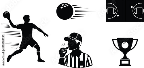 Silhouette of handball player throwing ball and referee blowing whistle handball, sport, athlete, player, throwing, ball, motion, speed, referee, whistle, blowing, umpire, stripes, uniform, game, comp