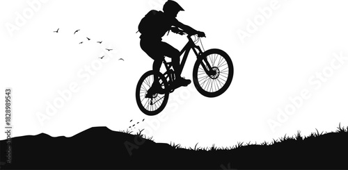 Silhouette of mountain biker jumping over grassy hill with birds mountain bike, cyclist, jumping, silhouette, black and white, outdoor, sport, recreation, extreme sport, adventure, freedom, action, mo