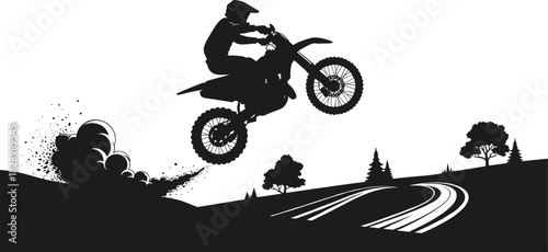 Silhouette of motocross rider jumping over dirt track motocross, motorcycle, rider, jumping, dirt bike, silhouette, black and white, action, extreme sport, speed, off-road, track, landscape, trees, du