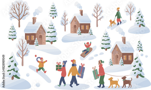 Scandinavian winter village seamless surface pattern vector illustration, easily editable 