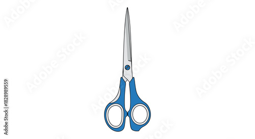 A simple vector drawing of a closed pair of scissors with blue plastic handles standing vertically and isolated on a plain white background.
