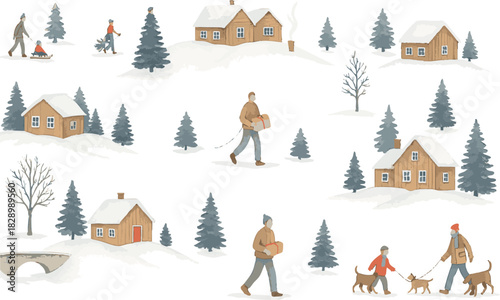 Winter village seamless pattern with snow and houses vector illustration, easily editable 