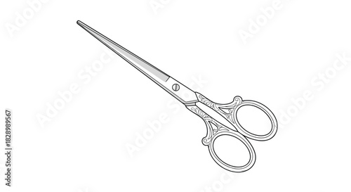 A detailed black and white line art illustration of elegant antique scissors with ornate engraved handles for sewing or embroidery crafts.