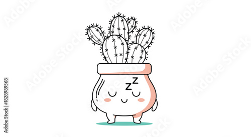 Adorable kawaii cactus in a sleeping pot character with blushing cheeks and Zzz letters isolated on a white background for a cute design.