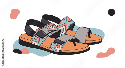 A stylish pair of modern sport sandals with colorful geometric patterned straps isolated against a background of abstract pastel shapes.