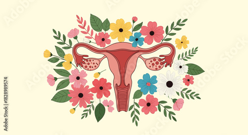A beautiful floral illustration of the female reproductive system with flowers blooming around the uterus and polycystic ovaries for women's health.