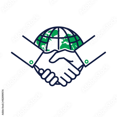 Global business partnership handshake with green earth globe.